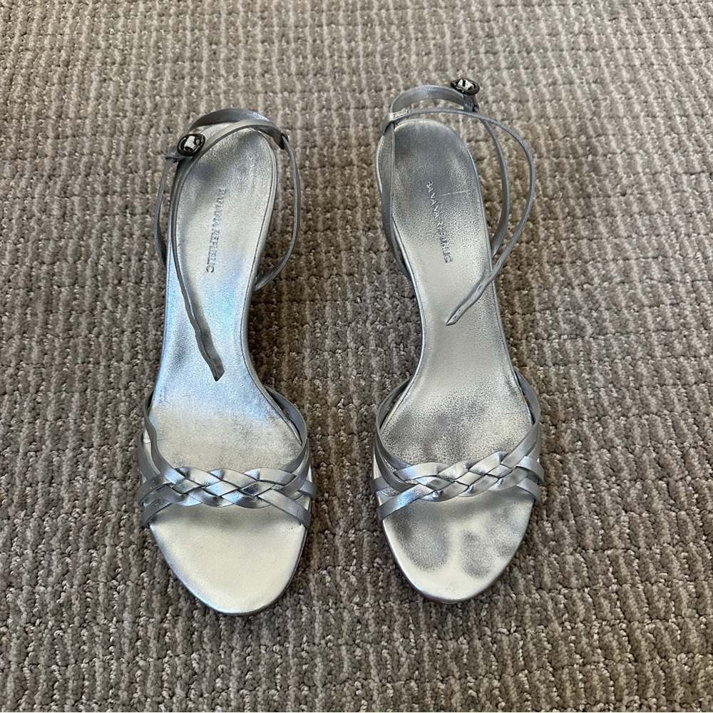 Banana Republic Silver Metallic Braided Strap Heeled Sandals